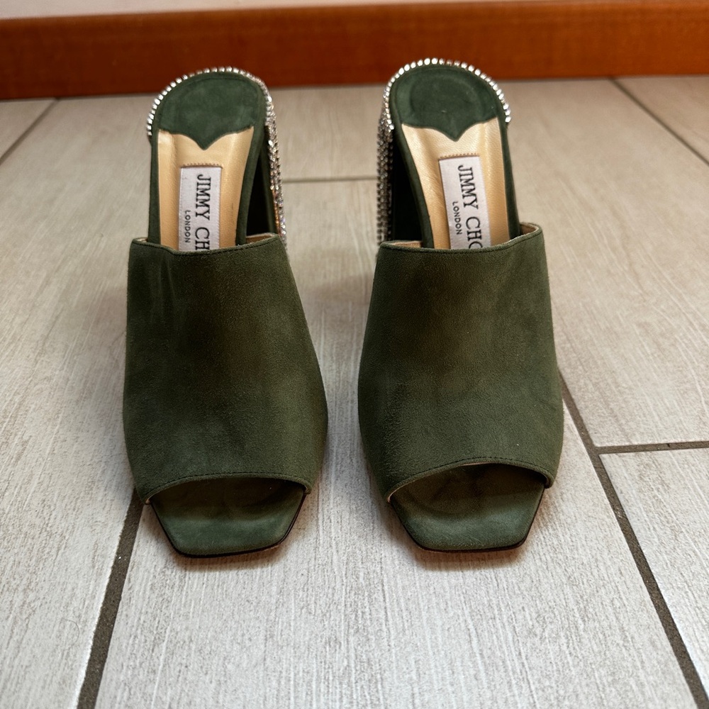 Jimmy Choo Crystal Olive Green Suede Mules